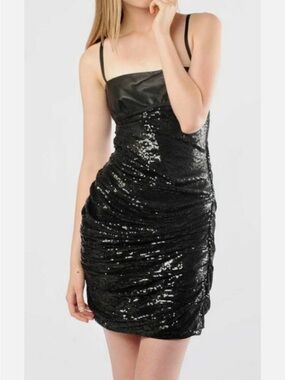 ALEXANDER WANG Black Sequin & Leather Goddess Mini Dress Size 2
